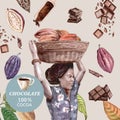 Chocolate with woman harvesting cacao watercolorÃÂ ingredients, making chocolate, illustration design